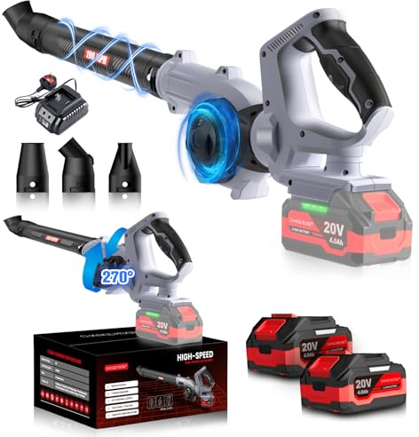 CHANGEMOORE Leaf Blower Cordless with 2X4000mAh Battery and Charger, 270° Rotatable Electric Leaf Blower, 160MPH & 3 Adjustable Speed, Dual-Sided Air Inlet, 3 Blow Tubes for Garden, Lawn Care C