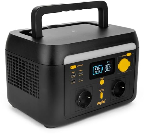 Aqiila Powerstation 1000W, 614wh, Portable Power Station LiFePo4, BMS, 51,2V, 12Ah, 2x AC Pure Sinus, 12V Kfz-Anschluss, mobiler Stromspeicher, WiFi, Generator für Camping,Stromausfall, etc.