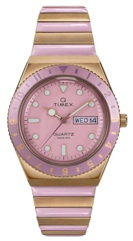 Timex Women's Q 36 mm Watch - Two-Tone Stainless Steel Expansion Band with Pink Dial and Gold-Tone Case TW2W87600