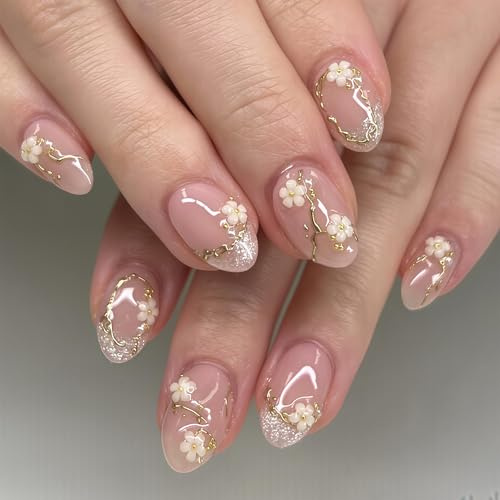 Cosblisvia 24 Stück Nägel zum Aufkleben Kurz Rund, French Gold Perle Press on Nails für Damen, Acryl Fingernägel zum Aufkleben für Hochzeit, Büro, Alltag (Weiß)