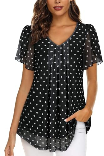 Womens Blouses V Neck Ladies Tops Petal Short Sleeve Chiffon Top | Double Layers Mesh Tunic Tops Casual Shirts