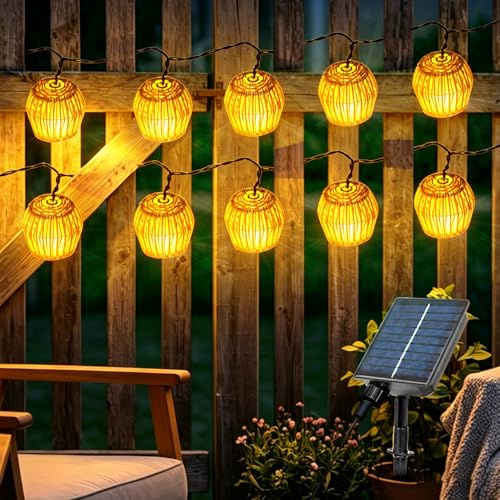 SKIKHN Solar Lichterkette Aussen, 10 Stück Solar Lampions Außen Wetterfest, 3.6m IP65 Lichterkette Außen Solars, LED Solar Rattankugel Lampion mit Solarpanel, für Garten Balkon Außen (Warmweiß)
