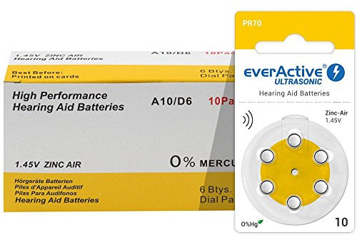 60x EverActive Ultrasonic Typ 10 hearing aid Zinc Air P10 PR70 ZL4 Mercury Free