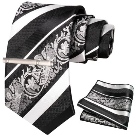 JEMYGINS Herren Krawatten Set mit gemischtem Rosen und Streifenmuster inklusive Krawattenklammer und Taschentuch Weiss
