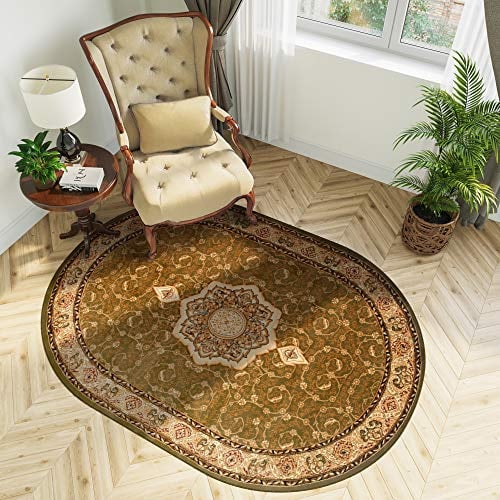 TAPISO Yesemek Teppich Oval Wohnzimmer Kurzflor Klassisch Gemustert Oriental Floral Ornament Grün Bordüre Design Schlafzimmer ÖKOTEX 140 x 190 cm