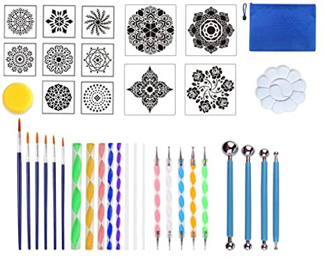 Becho 38 Pieces Mandala Dotting Tools Different Mandala Stencils Paint Tray Paint Brushes Acrylic Rods and More for Rock Painting,Crafts,Nail Art,etc.