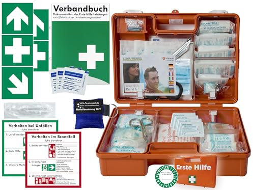 Verbandskoffer/Verbandskasten (M) Typ N -Paket 1- Erste Hilfe nach aktueller DIN 13157 für Betriebe -DSGVO- INKL. PERFORIERTEM VERBANDBUCH + Notfallbeatmungshilfe & FOLIENAUFKLEBER