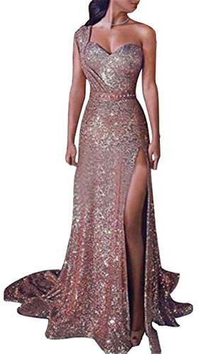 DAIHAN Donna Una Spalla Una Linea con Glitter Abiti da Sera Formale Abito con Paillettes Scollo V Donna Vestito da Sera Senza Manica Rose Oro M