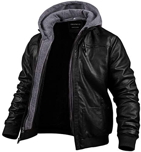CREATMO US Men's Faux Leather Jacket Vintage Motorcycle Jacket Stand Collar Bomber Jacket Black M