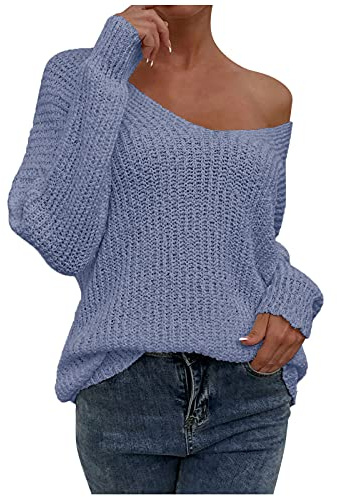 VEMOW Sexy V Neck Sweaters for Women Off Shoulder Jumper Long Sleeve Lightweight Knit Top Casual Loose Fit Fall Pullover Sweater Blue