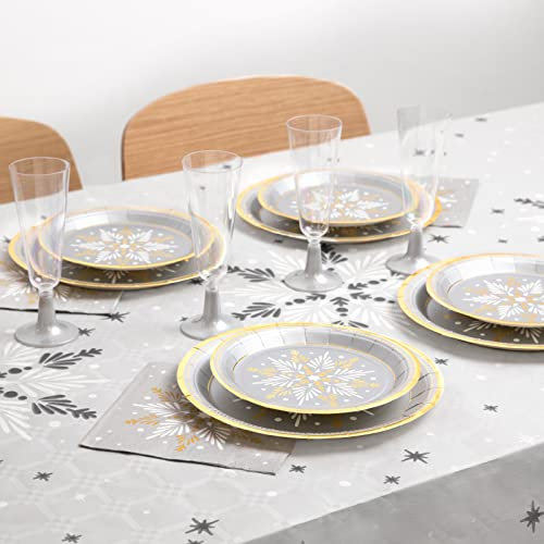 Kit Vajilla de cartón con decoración de Navidad en color plata para 12 personas – Pack COPOS PLATA para 12 personas (Copo de Nieve Plata)