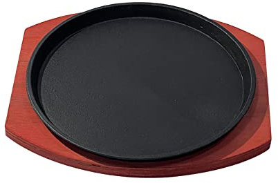 LOVIVER Assiette à Steak en Fonte avec Base en Bois Taille personnelle Poêle à Griller Ronde Poêle à Frire Plaque chauffante pour Le Restaurant, 21CM