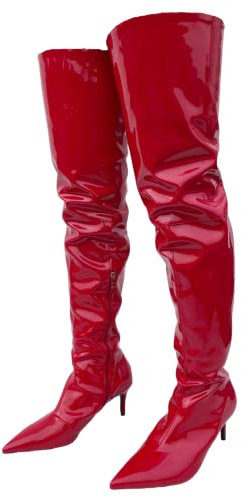 Frankie Hsu Stivali sopra il ginocchio sexy punk rosso vernice da donna stivali basso tacco a spillo con tacco a spillo moda sexy classico alto largo coscia alta grande grande taglia stivali per le
