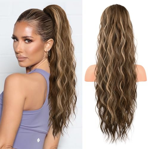 Flufymooz Ponytail Extension Pferdeschwanzverlängerung, 66 cm Pferdeschwanz mit Kordelzug Haarverlängerungen, Lockiger Pferdeschwanz Synthetisches Haarteil für Damen (Tiefbraun mit schmutzigem Blond)