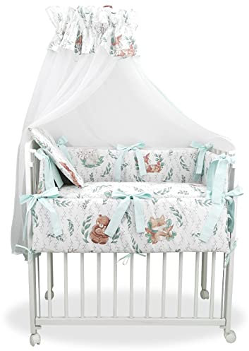 Baby Delux Beistellbett Set Babybett Komplett Set Stubenwagen weiß 90x40 mobil mit Rädern inkl. Bettwäsche Matratze (Märchenwald)