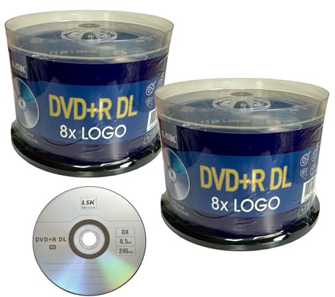 DVD+R DL Double Layer Logo 8X 8,5GB 240min Video - LSK Media Logo Top, 100 Discs, 2er-Pack, 50 Stück in Spindel | Rohlinge DVDs zum Brennen von Video | DVD-Discs blanko | beschreibbare DVDs