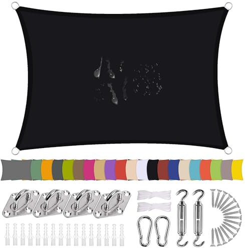 Ziligengsheng Sonnensegel Rechteck 3 x 4m Wasserdicht Sonnenschutz Balkon Terrasse mit Montagezubehör PES Polyester 98% UV-Schutz Reißfest Wetterfest für Garten Outdoor,Schwarz