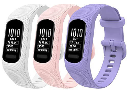 honecumi Armbänder Kompatibel mit Garmin vivosmart 5 Ersatzarmband Damen Herren, Weiches Silikon Klassisches verstellbares Sport Wechselarmband Zubehör Stilvolles Armband,Weiß/Rosa/Helles Lila