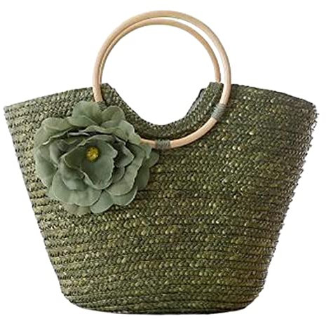 Stroh Strandtasche Strohtasche Rattan Gewebte Handtasche Blumen Umhängetasche Gewebte Tasche Freizeit Urlaub Tote Strandtasche Damen Korbtaschen Geflochten Strohsack ( Blue : Grün , Size : 40*29cm )