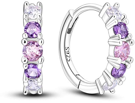 Hapour Tiny Rainbow Creolen 925 Sterling Silber | Eingelegte rosa lila Farbverlaufs-Cubikzirkonia-Ohrringe für Frauen und Mädchen als Geburtstagsgeschenk – lila Amethyst-Ohrringe