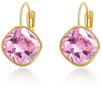 YONVUN Austrian Crystal Square Drop Dangle Leverback Earrings | Plated 18K/Rose Gold Zircon Gemstone Birthstone Hoop Hanging Dangly Earrings Jewelry Gift for Wife Mom Daughter Girlfriend