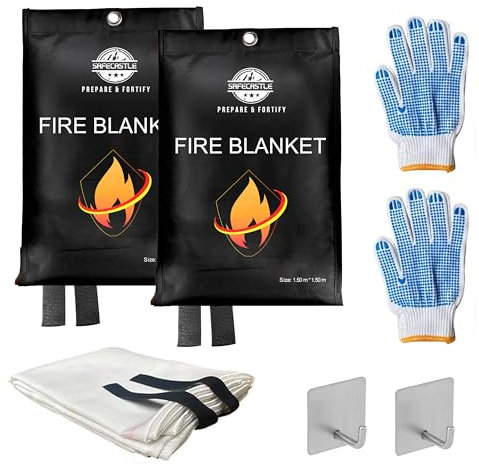 Fire Blanket Emergency Survival Kit 2 Pack 59x59 + 2 Hooks & 2 Gloves | Flame Retardant Protection Blanket for Camping Kitchen Home Office & Car Easy to Store Fire Extinguisher Safety Blanket