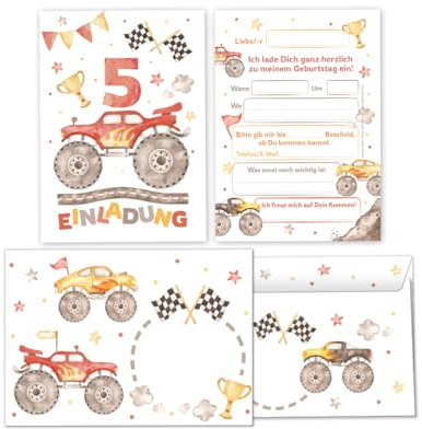 12 Einladungskarten incl. 12 Umschläge zum 5. Kindergeburtstag Jungen Monster-Truck Auto Einladungen zum fünften Geburtstag Kinder Einladungsset