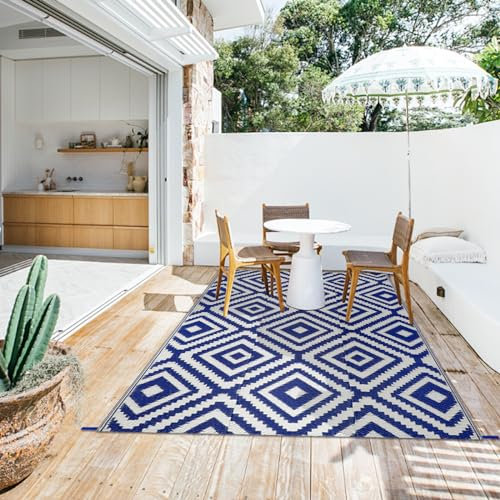 Famibay Outdoor Rug Garden Waterproof Outdoor Carpet Patio Rugs Reversible Plastic Straw Mat Lightweight Blue Geometric Garden Carpet for Camping Balcony Deck Porch BBQ