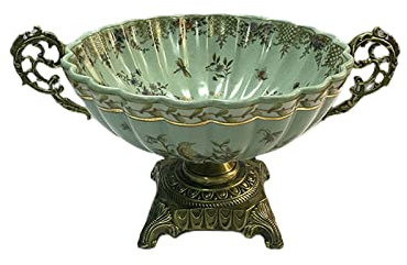 Obstkörbe Keramik-Obstschale, neuer chinesischer Stil, Retro-Eisriss, Kupfer-Ohrgriff, runder Obstteller, Zuhause, Wohnzimmer, Tisch, Süßigkeitenschale, Kupfer-Metallbasis, Obstschale Obstschale für K