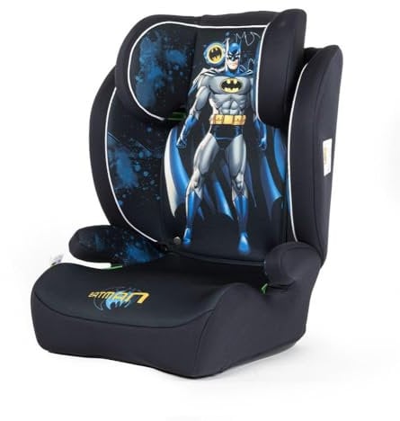 DC Comics Seggiolino auto Batman per la sicurezza dei bambini con altezza da 100 a 150 cm con grafiche del supereroe Batman su fondo nero e blu