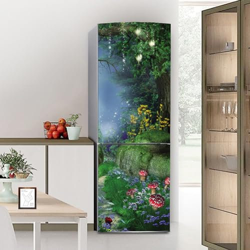Fridge Wraps Kitchen Fridge Stickers Cover Full Doors, Fridge Sticker Full Covering Door Fridge Covers Skins Wall Stickers for Kitchen Decal, Night Fantasy Forest Wonderland
