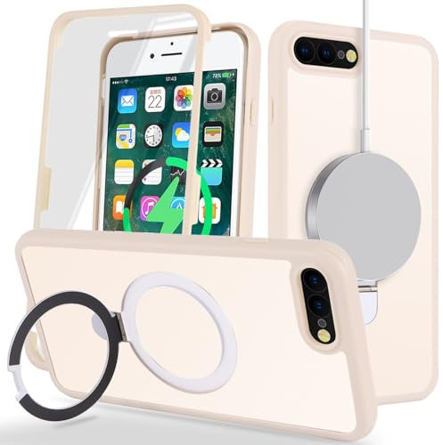 Zouzt for iPhone 7 Plus/8 Plus 5.5 Inch Case with Screen Protector, 360 Full Body with Glass Screen Protector [Shockproof] [Dropproof] Ring Stand Heavy Duty Protection Phone Case - White