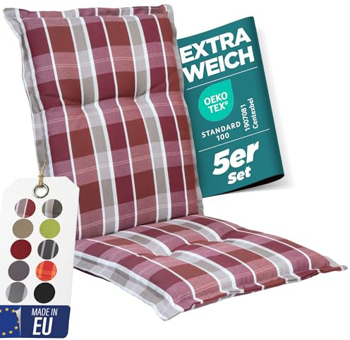 gardisun Gartenstuhlauflagen Niedriglehner, 5er Set, Rot kariert Pastell | Extra Dicke Sitzauflagen, Made in EU, Stuhlauflagen für Niederlehner Gartenstuhl, Auflagen mit extra hoher Lichtechtheit