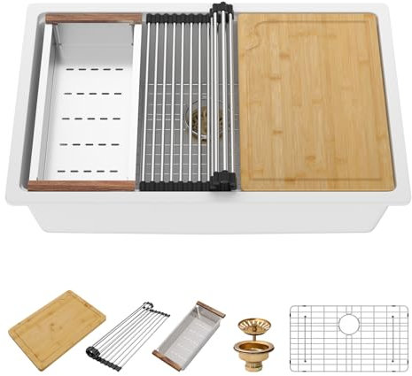 Beslend 30x19 Inch Granite Composite Undermount Single Bowl Kitchen Sink - Modern Workstation with White Quartz Finish