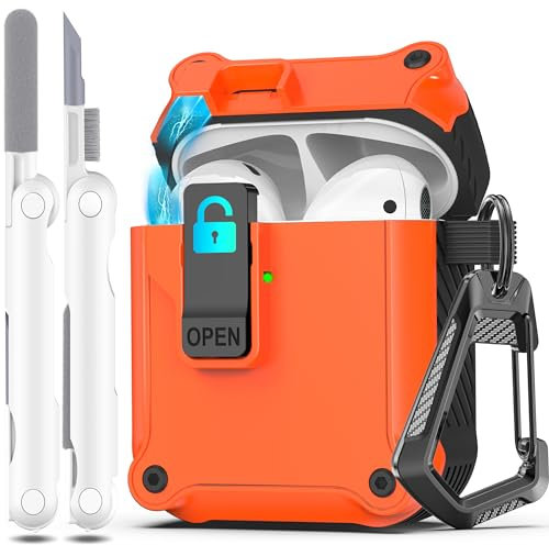 R-fun Compatible con AirPods 2.ª generación 2019, 1.ª Gen 2016 Funda Protectora, protección Total contra caídas, Tapa emergente automática para Funda Apple Airpods con Kit de Limpieza,Naranja