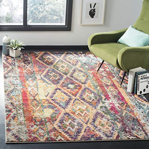 Safavieh Boho Teppich für Wohnzimmer, Esszimmer, Schlafzimmer - Monaco Collection, Kurzer Flor, Lila und Orange, 200 x 600 cm