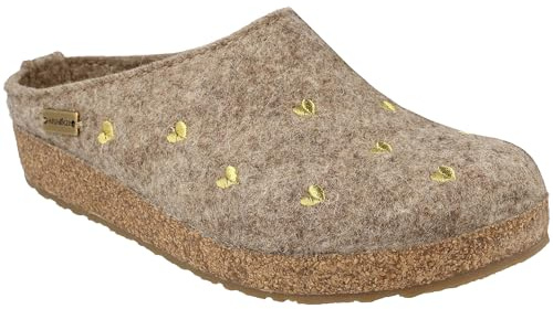 HAFLINGER Damen Pantoffel Hausschuh Wolle Grizzly Cuoricini 741031, Größe:38 EU, Farbe:Beige