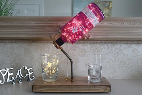 Handmade Upcycled Rhubarb & Ginger Gin Bottle Lamp (70cl). Unique Gin Gift for The Home (Brass Fittings, Battery Powered)