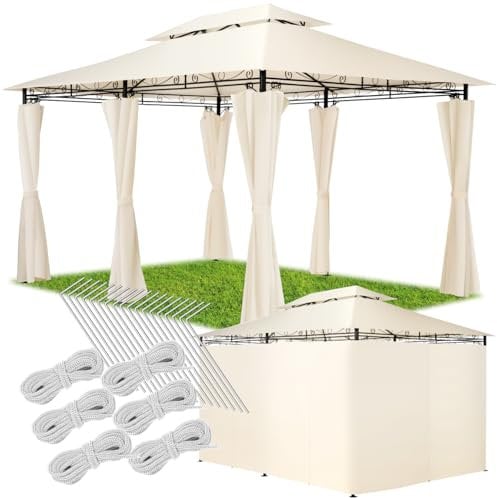 tectake® Luxus Pavillon 3x4, Gartenpavillon mit 6 Seitenteilen, wasserabweisend und UV-beständig, abgesetztes Dach, Pavillon inkl. Spannseile und Heringe, Partyzelt für Garten und Terrasse - Creme
