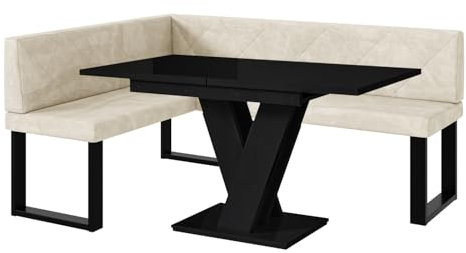 MEBLINI Eckbank für Esszimmer mit ausziehbarem Tisch - Küchenbank - Essecke - Sitzecke Küche - ERIC - U-Beine 128x168x87cm Links - Creme Samt/M Schwarz Hochgl.