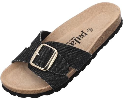 Palado Pantoletten Damen Tinos Jeans – elegante Sandalen Made in Spain - bequeme Hausschuhe mit Kork-Fußbett - modische Sommerschuhe Schwarz UK7 - EU40