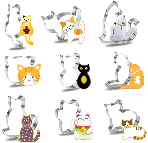 SGERUFZ 9pcs Formine per Biscotti Gatti, Tagliabiscotti Gatti Acciaio Inossidabile, Stampo Biscotti Gatti, DIY Stampo Keksausstecher Gatti, Formine Biscotti Animali Decorazioni, per Feste di Bambini