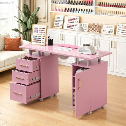 BTGGG Professional Manicure Nail Table Salon Nail Desk with Built-in Nail Dust Collector & Nail Arm Rest Manicure Desk on Wheels (Pink)