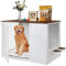 TBWIND Dog Crate Furniture for Large Dogs, 36 Indoor Wooden Dog Kennel with 270° Swivel Door & 360° Rotating Feeder, Decorative Heavy Duty Dog House with Double Locks & Bowls, White
