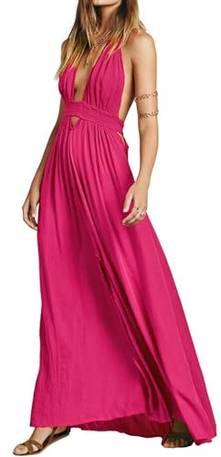 R.Vivimos Vestido Mujer Verano Sexy Maxi Halter Cuello V Profundo Sin Espalda Cut out Vestido de Playa con Slit(XL,Fuchsia)