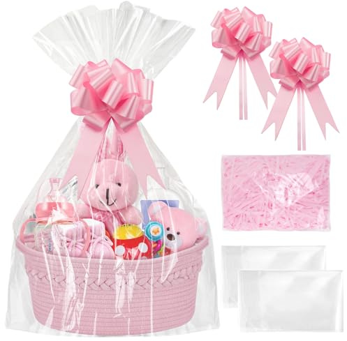 SelfTek Gift Basket Hamper Kit, Pink Rope Basket with Cellophane Bags, Raffia and Pull Bows Woven Storage Baskets Empty Gift Hamper for Shower, Wedding, Birthday, 33 x 24 x 15 cm