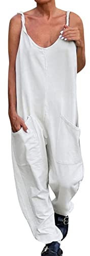 YIzdegg Combinaison baggy pour femme - Jambes larges - Salopette avec grandes poches - Douce et respirante - Col en V - Sans manches - Une pièce classique et élégante - Salopette à lanières, Blanc