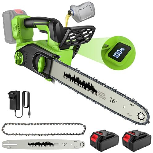 16 Inch Battery Chainsaw, Electric Chainsaw with 2 x 4.0 Ah Battery, 2200W Brushless Motor ＆ LCD Display, Automatic Oil Pump Lubrication, Tool-Free Chain Tensioning, for Garden Trees Wood Cutting