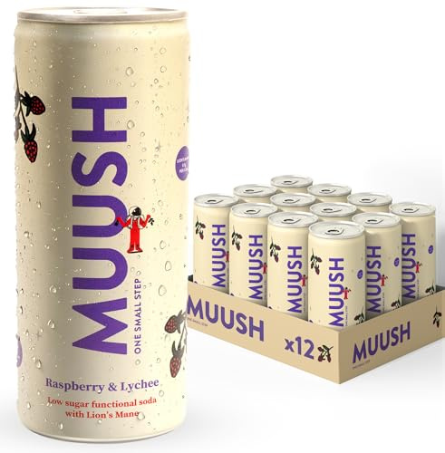 MUUSH Sparkling Drink | Raspberry & Lychee with Lion’s Mane | Brain Boost, Gut Health, Natural Energy | Low Sugar, Vegan Functional Beverage with Naturally Sweetened | Low Calorie | 12 cans x 250ml