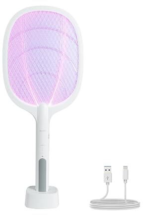 Brindek Raqueta Eléctrica Antimosquitos 2 en 1 4000V con Luz UV – Modo Manual y Automático – Batería 1800mAh Recargable USB C – Lámpara Matamoscas Interior Exterior – Triple Protección Segura